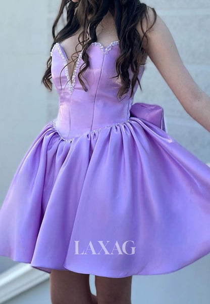 V-Neck Off-Shoulder Sleeveless Rhinestone Pleated Satin A-Line Party Homecoming Dress