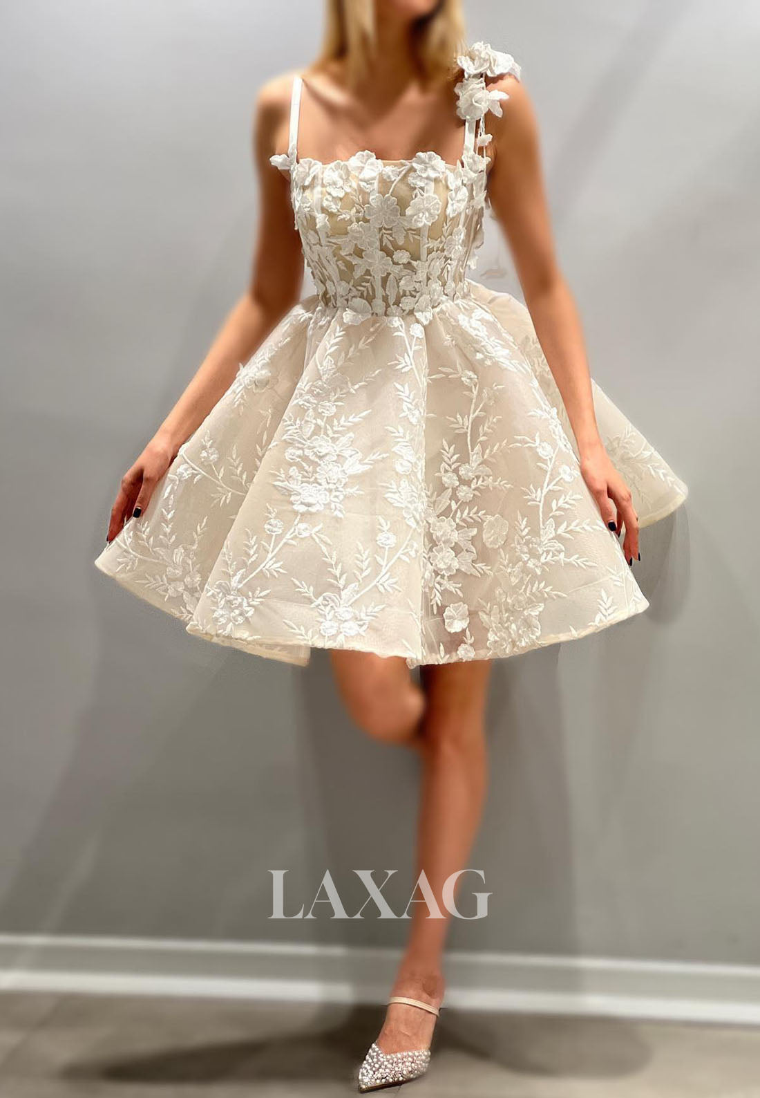 Spaghetti Straps Tube Top Floral Embellished Applique Tulle A-Line Party Homecoming Dress