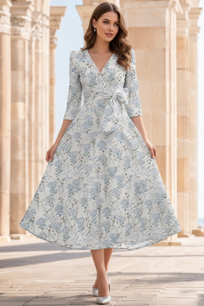 V-Neck 3/4-Sleeves Jacquard Satin Pleated Tea-Length A-Line Mother of the Bride Dress