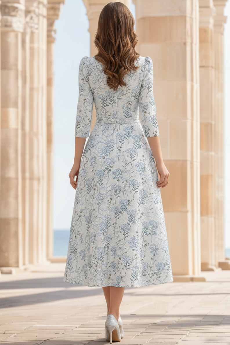 V-Neck 3/4-Sleeves Jacquard Satin Pleated Tea-Length A-Line Mother of the Bride Dress