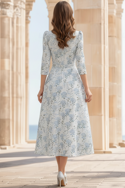 V-Neck 3/4-Sleeves Jacquard Satin Pleated Tea-Length A-Line Mother of the Bride Dress