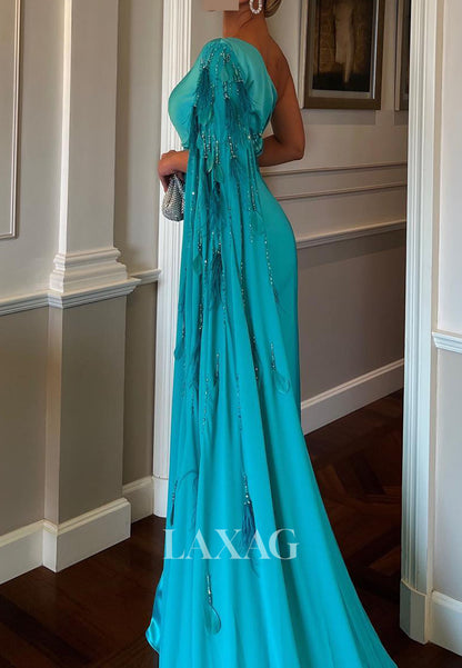 Asymmetrical-Neck Sleeveless Sequined Fringed Pleated Satin Floor-Length Mermaid Evening Dress