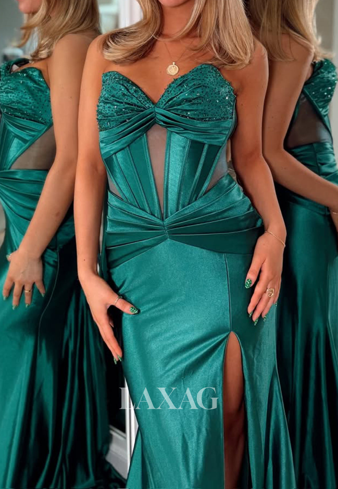 Sweetheart Off-Shoulder Sleeveless Sequined Beaded Satin Pleated High Slit Mermaid Prom Dress