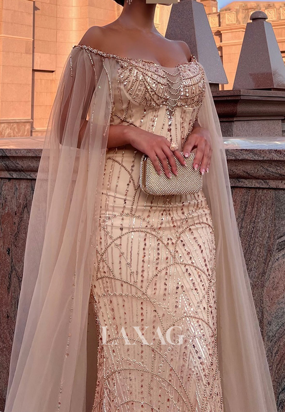 Bateau-Neck Off-Shoulder Fully Sequined Beaded Floor-Length Mermaid Formal Evening Dress