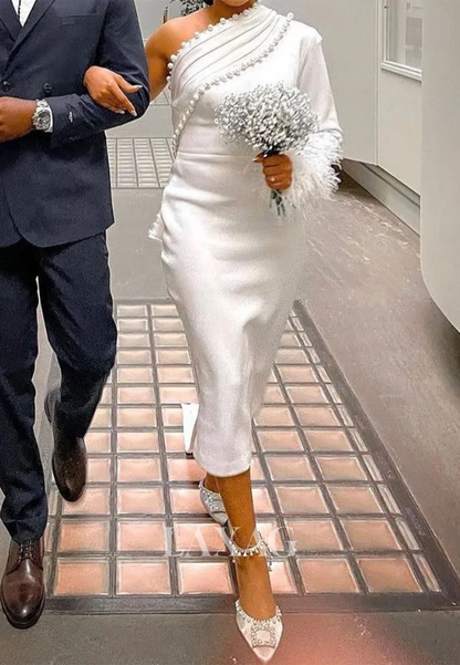 Asymmetrical-Neck One-Long-Sleeves Beaded Satin Pleated Tea-Length Mermaid Wedding Dress