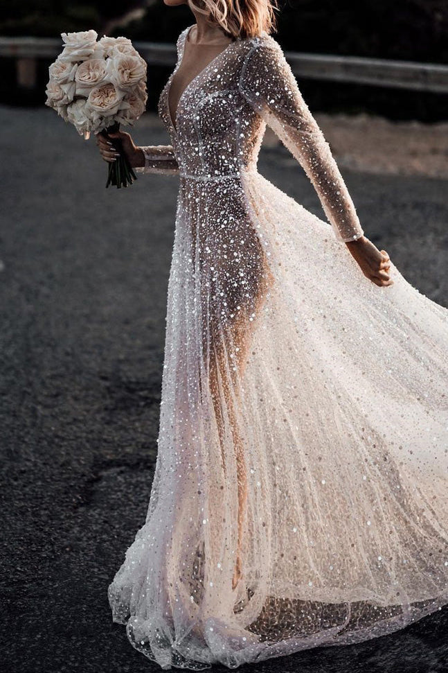 Deep V-Neck Long-Sleeves Fully Sequined Tulle Pleated Mermaid Wedding Dress with Train