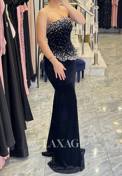 Off-Shoulder Floor-Length Beaded Satin Mermaid Evening Dress Tube Top Long-Sleeves Formal Gowns