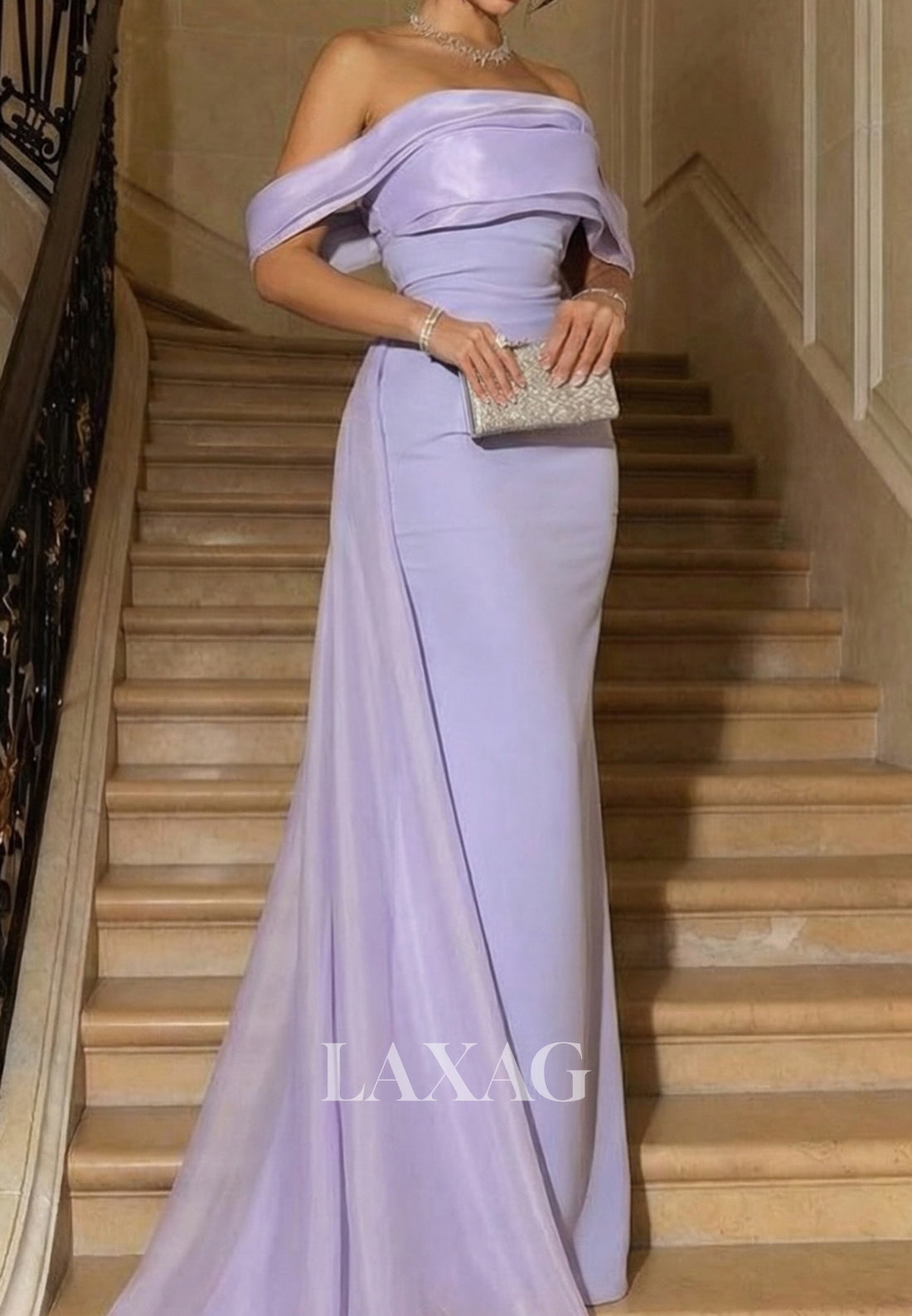 Tube Top Off-Shoulder Sleeveless Satin&Chiffon Pleated Mermaid Evening Dress with Train
