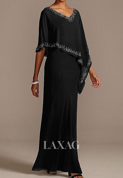 V-Neck Floor-Length Sequined Beaded Chiffon Mermaid Mother of the Bride Dress