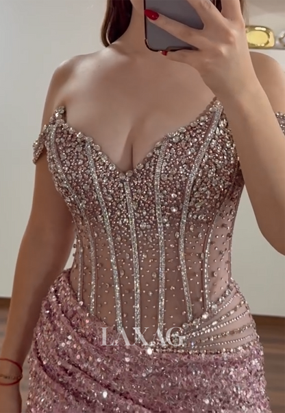 V-Neck Sleeveless Fully Sequined Beaded Rhinestone Tulle Pleated Mermaid Evening Dress