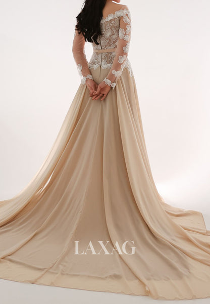Bateau-Neck Long-Sleeves Pleated Chiffon Formal Gowns Sequined Applique A-Line Evening Dress