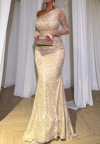 Long-Sleeves Asymmetrical-Neck Formal Gowns Allover Lace Sequined Sheer Mermaid Evening Dress