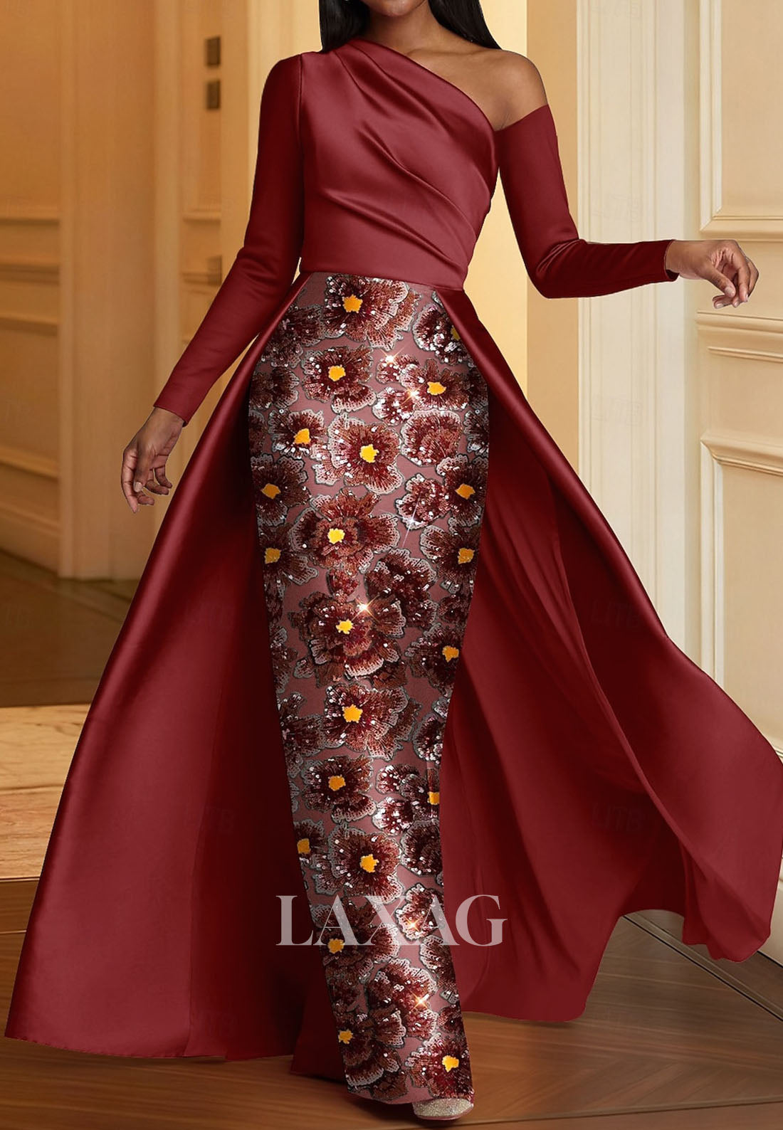 Asymmetrical-Neck Long-Sleeves Sequined Applique Satin Floor-Length Mermaid Evening Dress