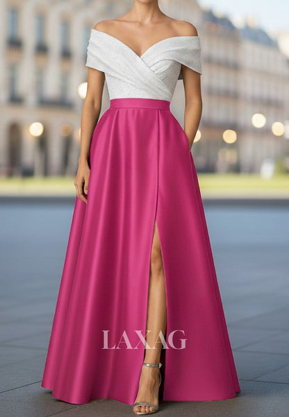 V-Neck Sleeveless Two Tone Sequined Satin Pleated A-Line Mother of the Bride Dress with Slit