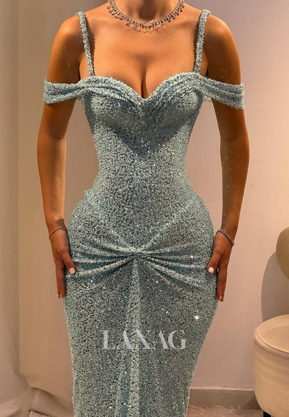 Sweetheart Fully Sequined Pleated Tulle Party Gowns Spaghetti Straps Mermaid Prom Dress