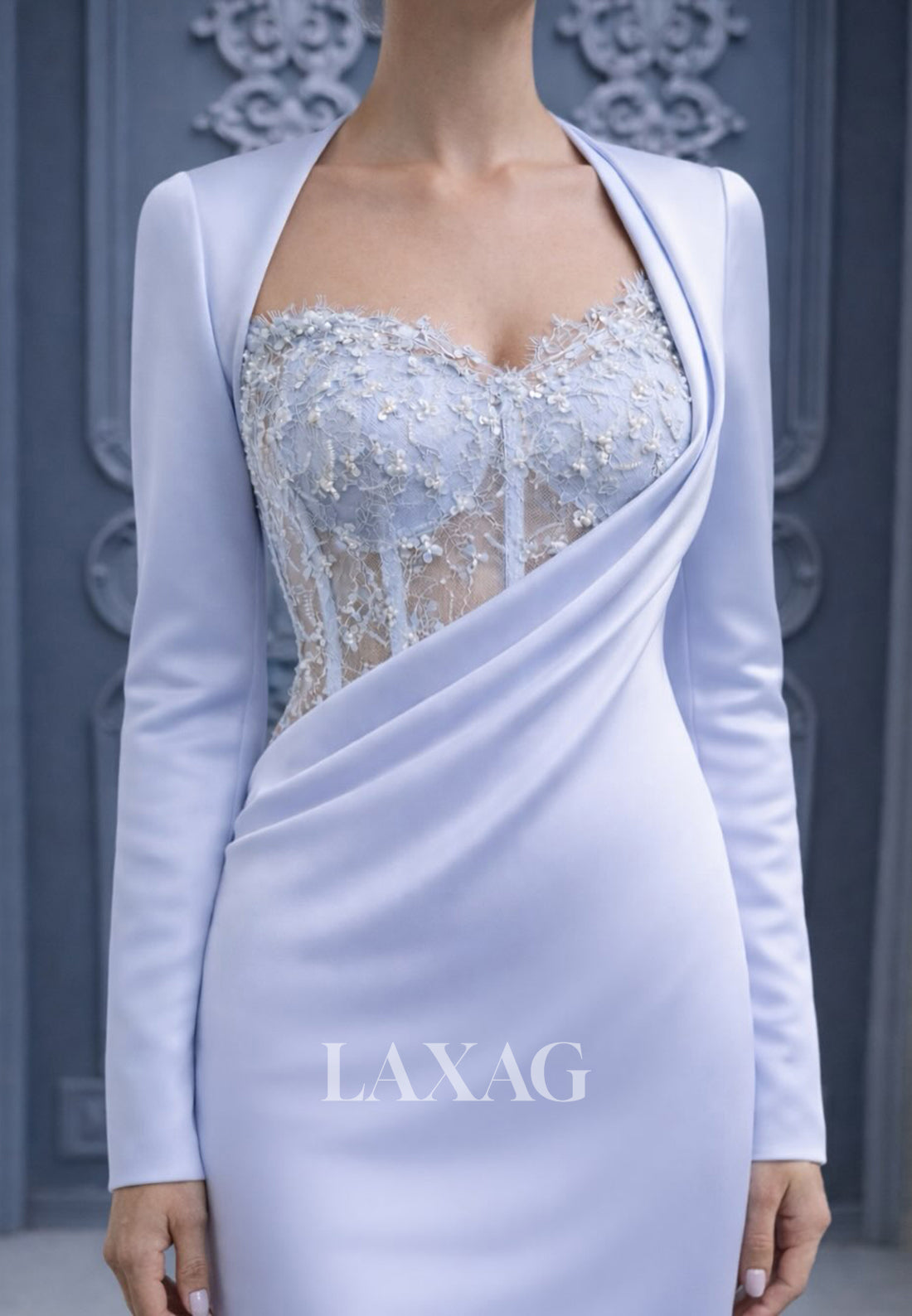 Sweetheart Long-Sleeves Sequined Lace&Satin Pleated Floor-Length Mermaid Evening Dress