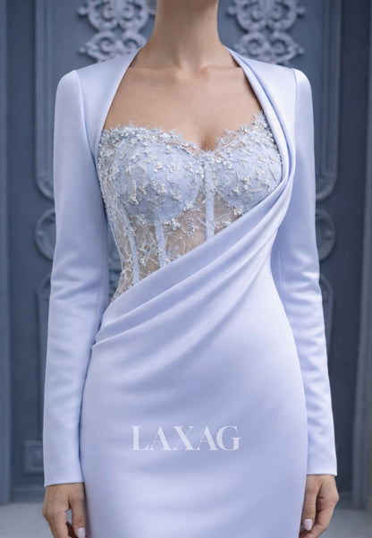 Sweetheart Long-Sleeves Sequined Lace&Satin Pleated Floor-Length Mermaid Evening Dress