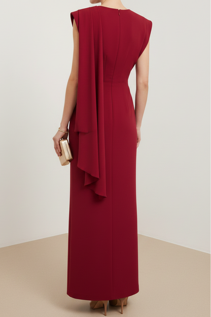 Scoop-Neck Cap-Sleeves Floor-Length Satin Pleated Mermaid Wedding Guest Dress