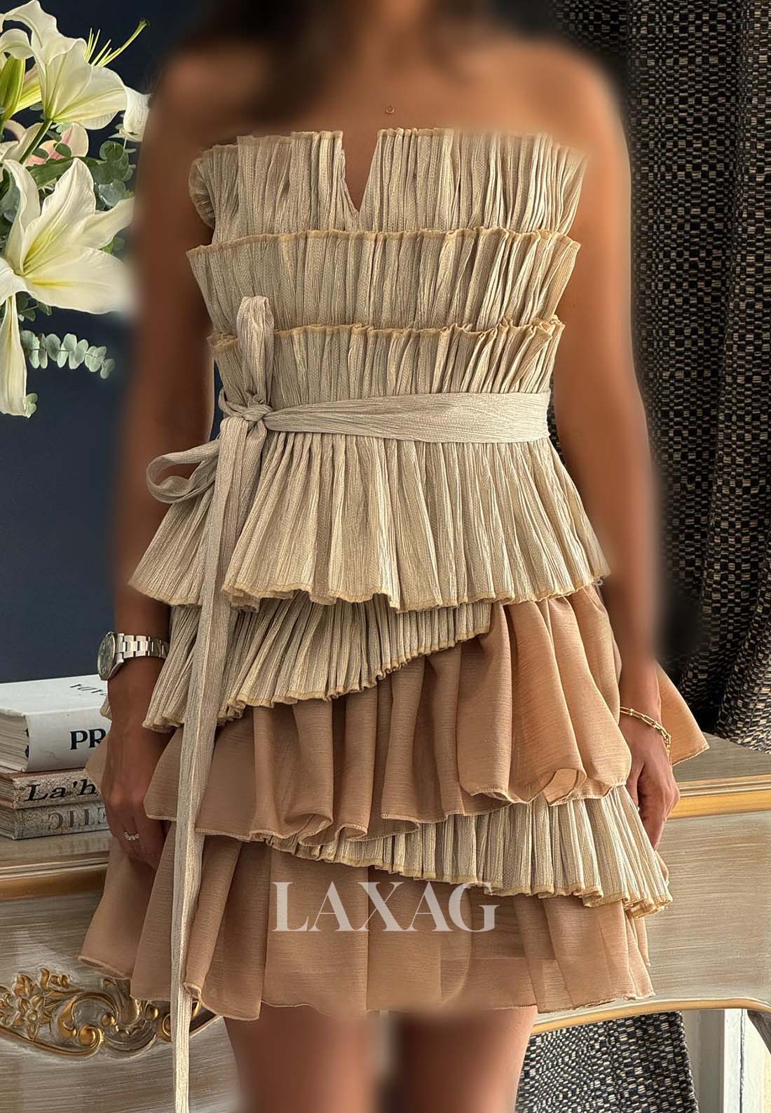 Tube Top Off-Shoulder Sleeveless Pleated Chiffon Tiered Short A-Line Party Homecoming Dress