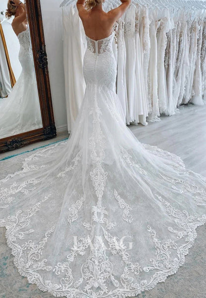 Sweetheart Off-Shoulder Sleeveless Bride Gowns Lace Applique Sweep Train Tulle Mermaid Wedding Dress