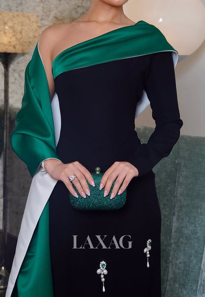 Asymmetrical-Neck Mermaid Evening Dress Long-Sleeves Beaded Floor-Length Formal Gowns