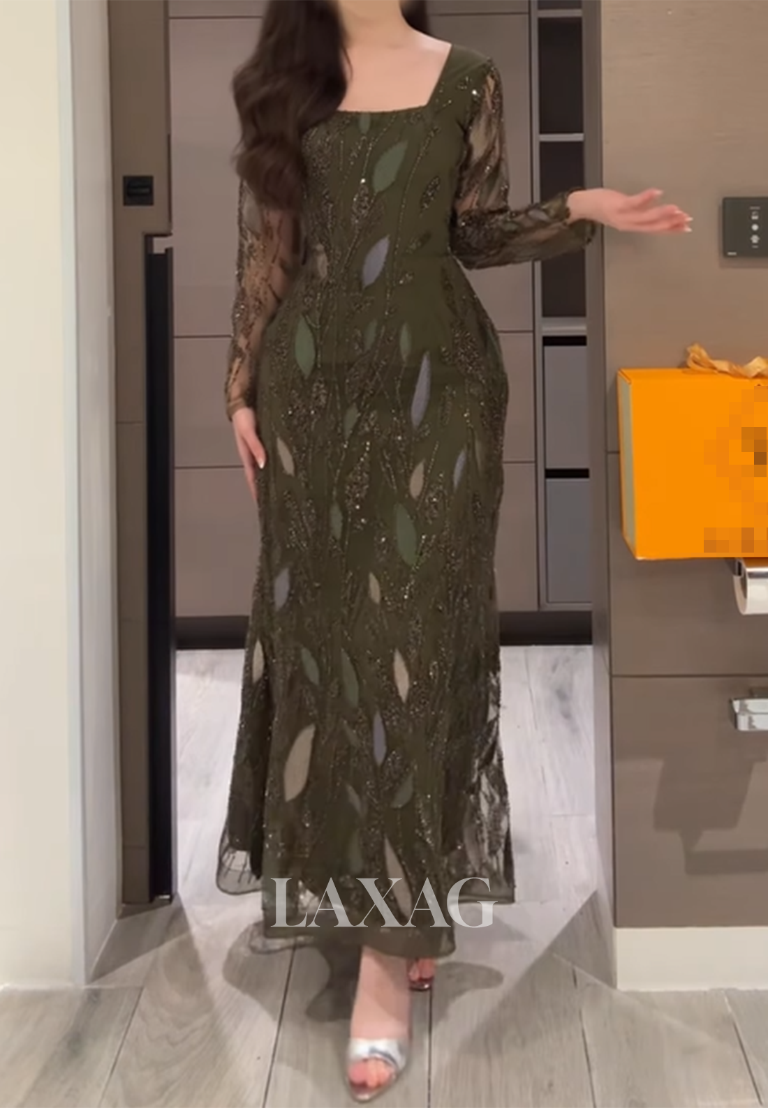 Square-Neck Long-Sleeves Ankle-Length Formal Gowns Sequined Applique Fitted Evening Dress