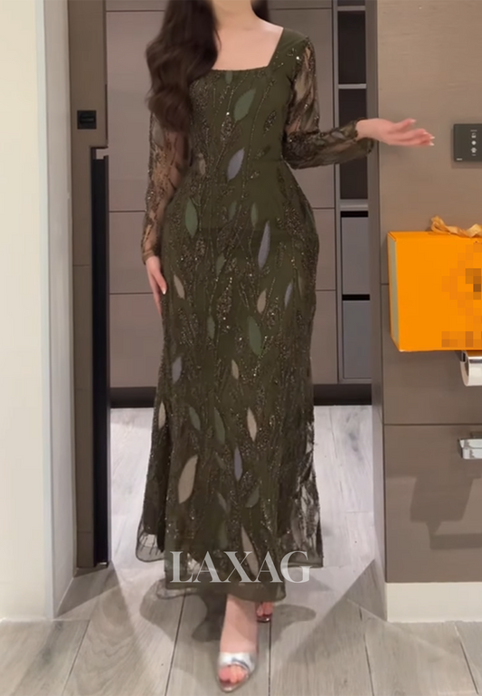 Square-Neck Long-Sleeves Ankle-Length Formal Gowns Sequined Applique Fitted Evening Dress