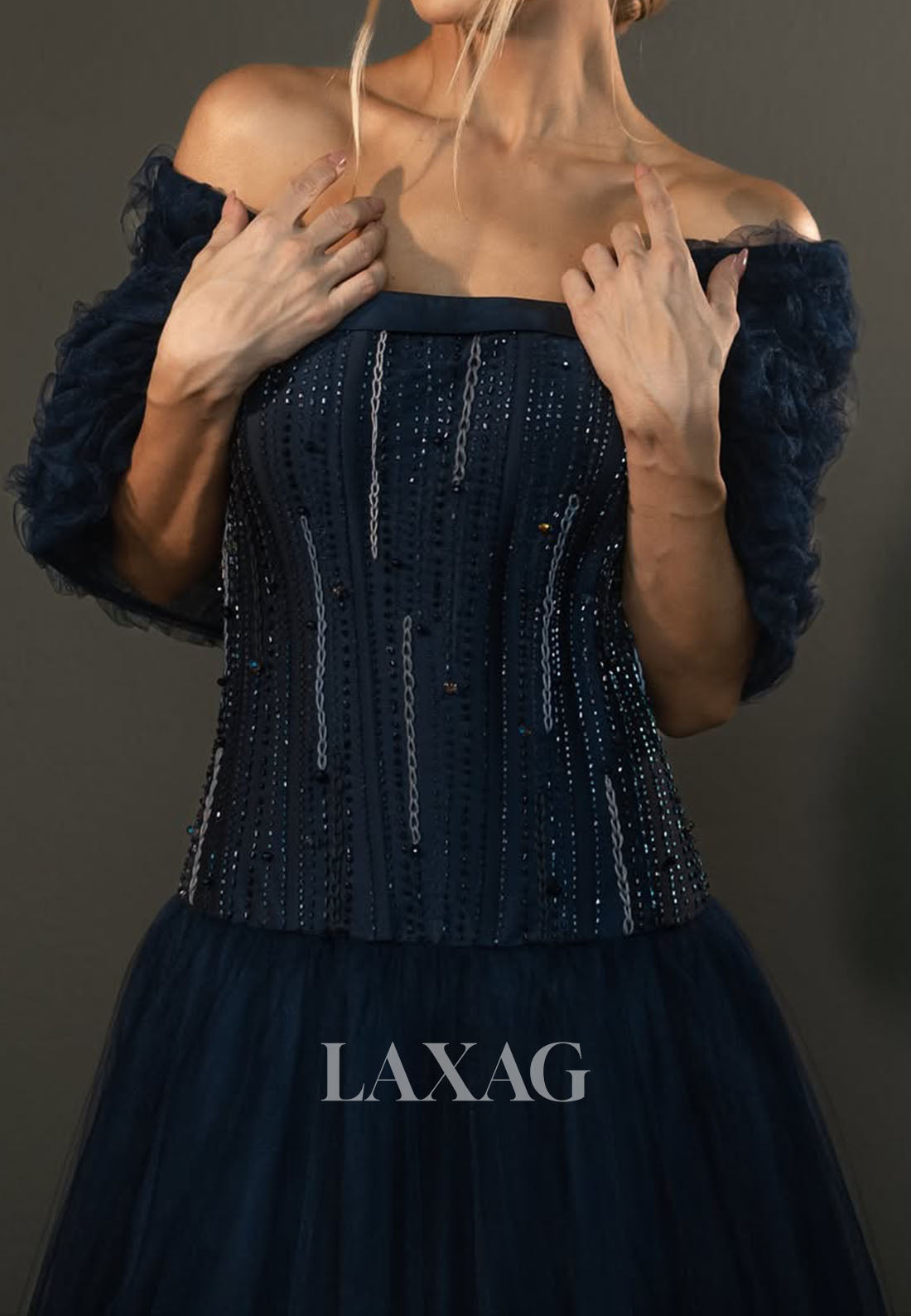 Tube Top Cap-Sleeves Floor-Length A-Line Prom Dress Sequined Beaded Tulle Pleated Evening Gowns