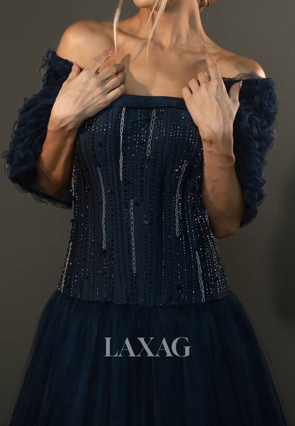 Tube Top Cap-Sleeves Floor-Length A-Line Prom Dress Sequined Beaded Tulle Pleated Evening Gowns