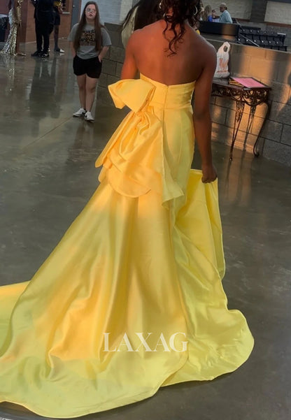 Tube Top Pleated Satin Simple Party Gowns Off-Shoulder Sleeveless Mermaid Prom Dress with Train
