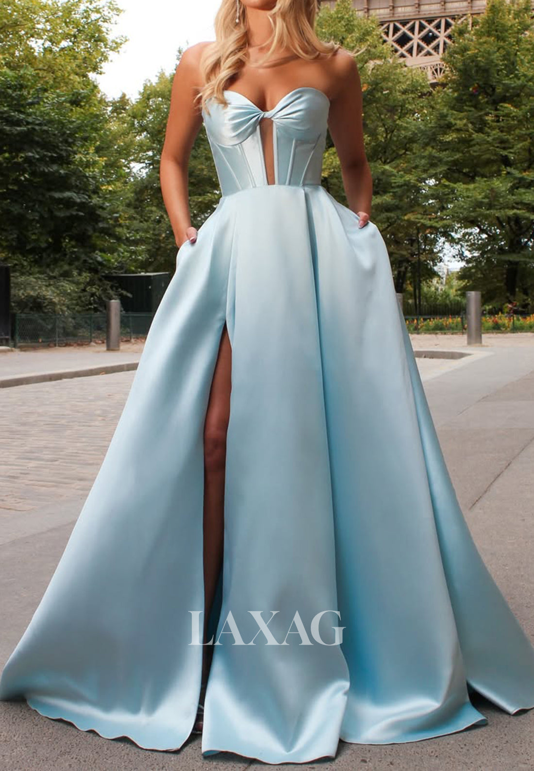 A-Line Sweetheart Off-Shoulder Sleeveless Satin Pleated High Slit Sweep Train Prom Dress