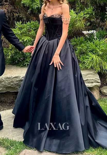 Bateau-Neck Beaded Satin Pleated Party Gowns Off-Shoulder Floor-Length A-Line Prom Dress