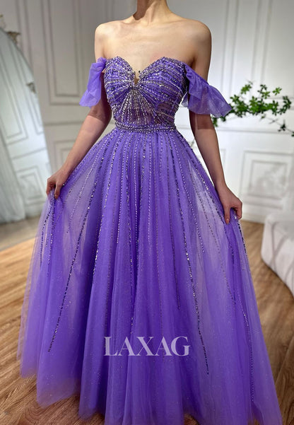 Sweetheart Sleeveless Sequined Beaded Pleated Tulle Floor-Length A-Line Party Prom Dress