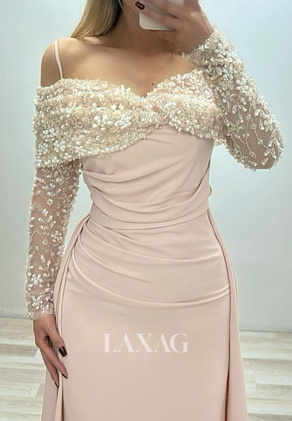 Sweetheart Spaghetti Straps Long-Sleeves Sequined Beaded Satin Pleated Mermaid Evening Dress