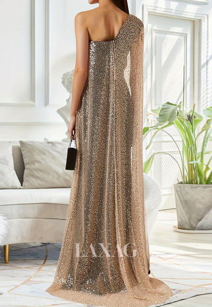 Asymmetrical-Neck Satin Formal Gowns Sleeveless Slit Mermaid Evening Dress with Sequined Overlay