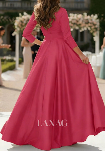 V-Neck Collared 3/4-Sleeves Chiffon Pleated Floor-Length A-Line Mother of the Bride Dress