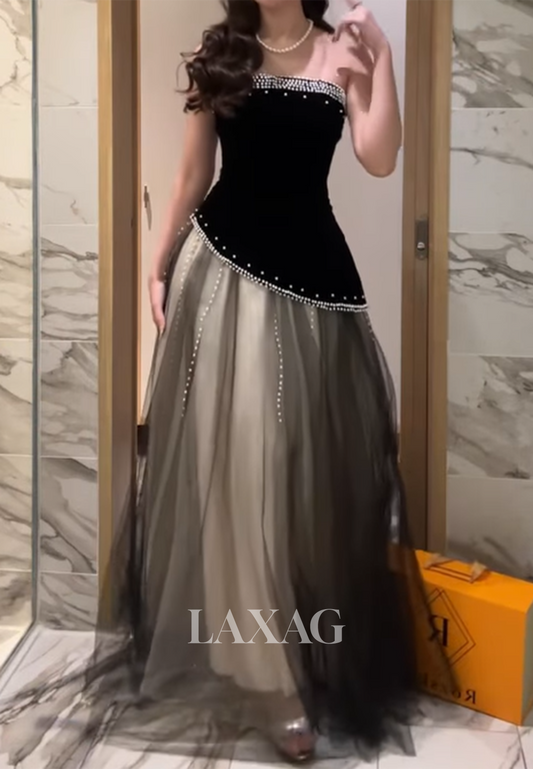 Tube Top Sleeveless Beaded Party Gowns Satin&Tulle Two Tone Pleated A-Line Prom Dress