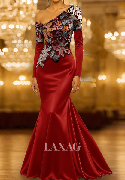 Asymmetrical-Neck Long-Sleeves Sequined Applique Satin Trumpet Mermaid Evening Dress