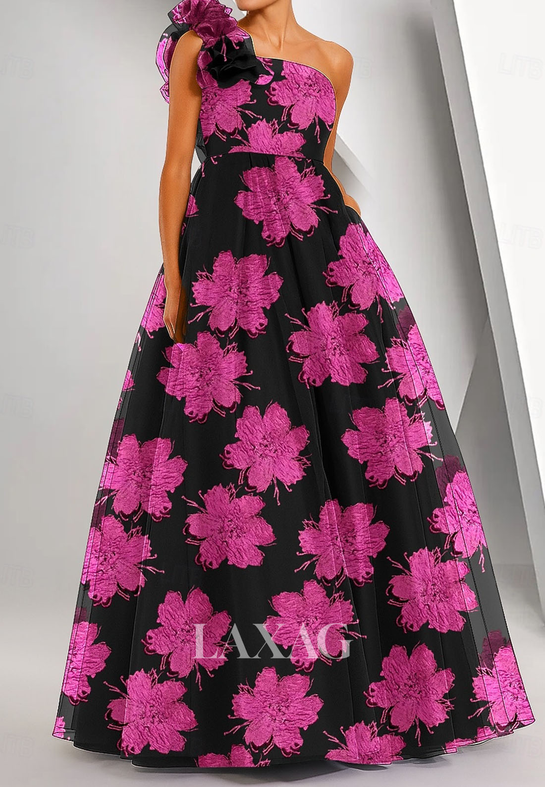 Tube Top One-Strap Sleeveless Jacquard Tulle Pleated Floor-Length A-Line Evening Dress