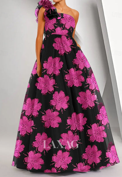 Tube Top One-Strap Sleeveless Jacquard Tulle Pleated Floor-Length A-Line Evening Dress