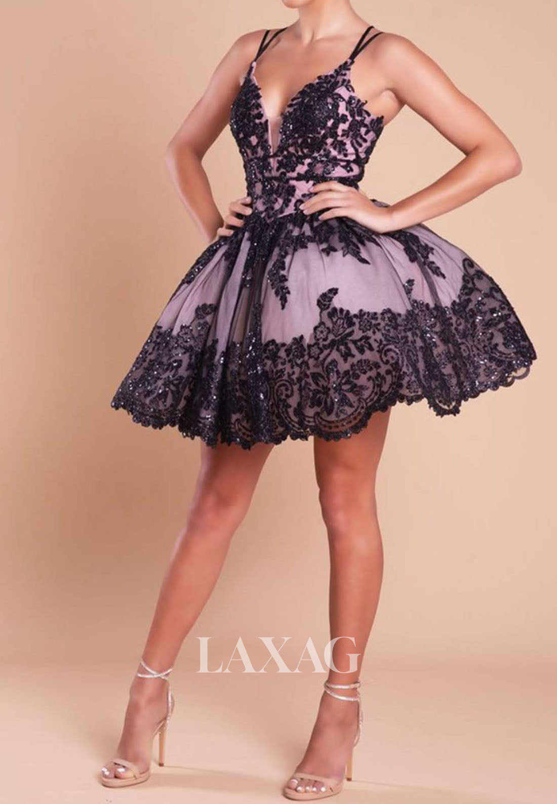 Deep V-Neck Spaghetti Straps Sequined Applique Pleated Tulle A-Line Party Homecoming Dress