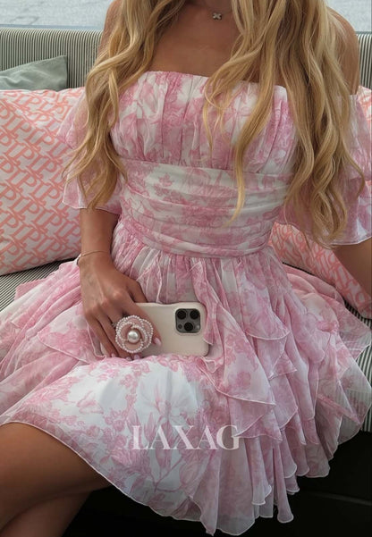 Bateau-Neck Off-Shoulder Sleeveless Pleated Print-Chiffon Tiered A-Line Party Homecoming Dress