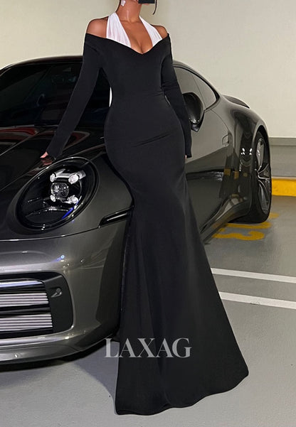 Halter V-Neck Long-Sleeves Mermaid Evening Dress Off-Shoulder Two Tone Satin Formal Gowns