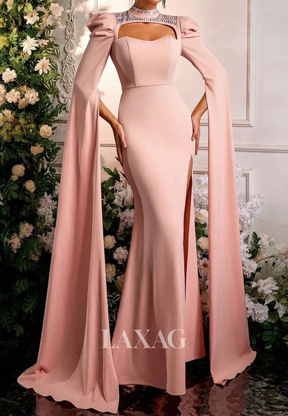 Sweetheart Cape-Sleeves Slit Formal Gowns Beaded Pleated Satin Mermaid Evening Dress