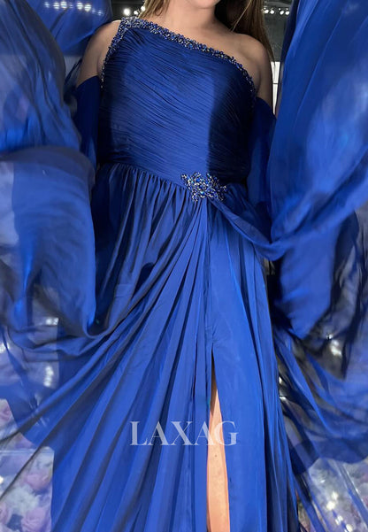 Asymmetrical-Neck Sleeveless Beaded Sequined Chiffon Pleated High-Slit A-Line Prom Dress