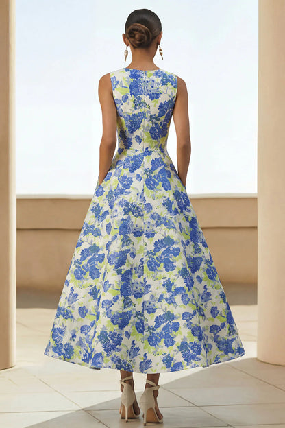 Scoop-Neck Sleeveless Ankle-Length Jacquard Satin Pleated Mother of the Bride Dress