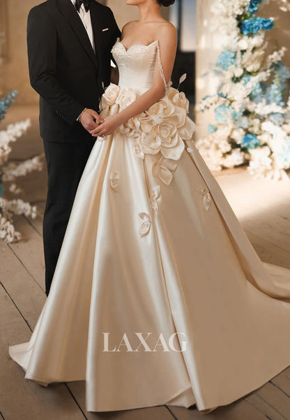 Sweetheart Sleeveless Pleated Satin Bride Gowns Floral Embellished Beaded A-Line Wedding Dress