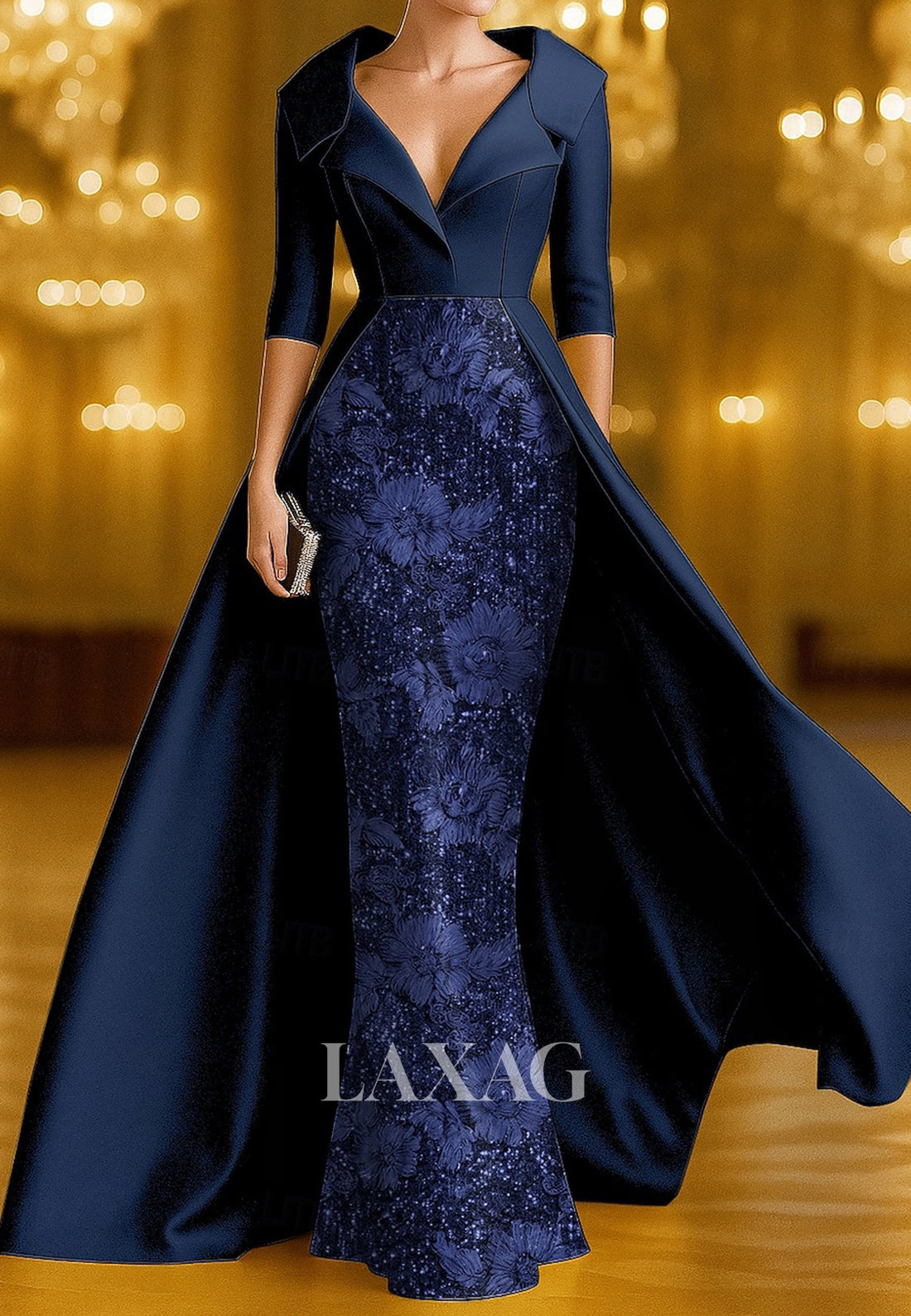 V-Neck Collared Half-Sleeves Jacquard Sequined Satin Mermaid Mother of the Bride Dress