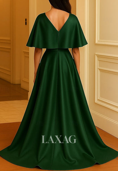 V-Neck Satin Pleated Formal Gowns Sequined Embroidered Mermaid Evening Dress with Overlay