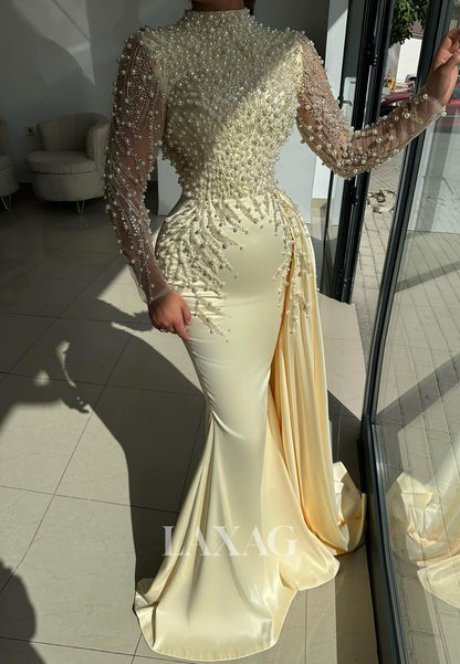 High-Neck Long-Sleeves Mermaid Evening Dress Beaded Sequined Pearls Floor-Length Formal Gowns
